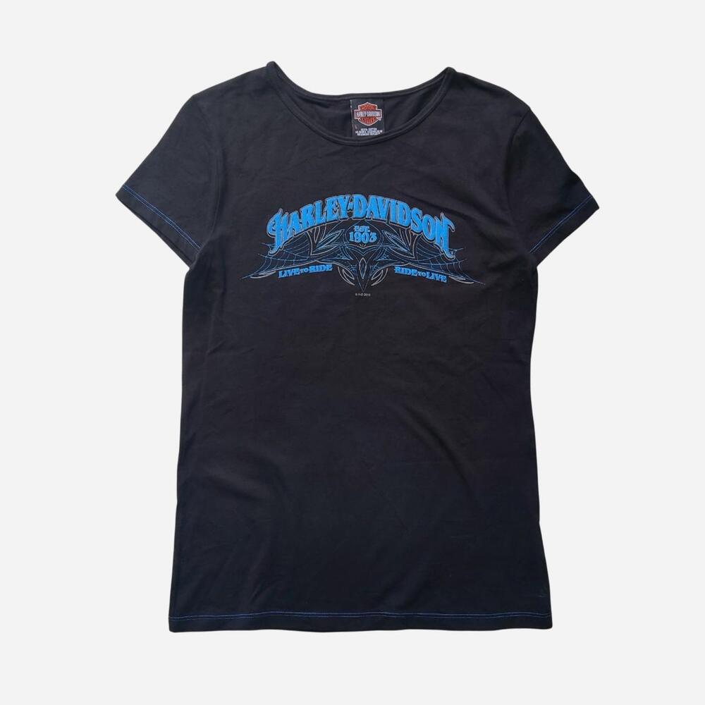 Y2K Harley Davidson black t-shirt with blue logo and 'LIVE TO RIDE' text